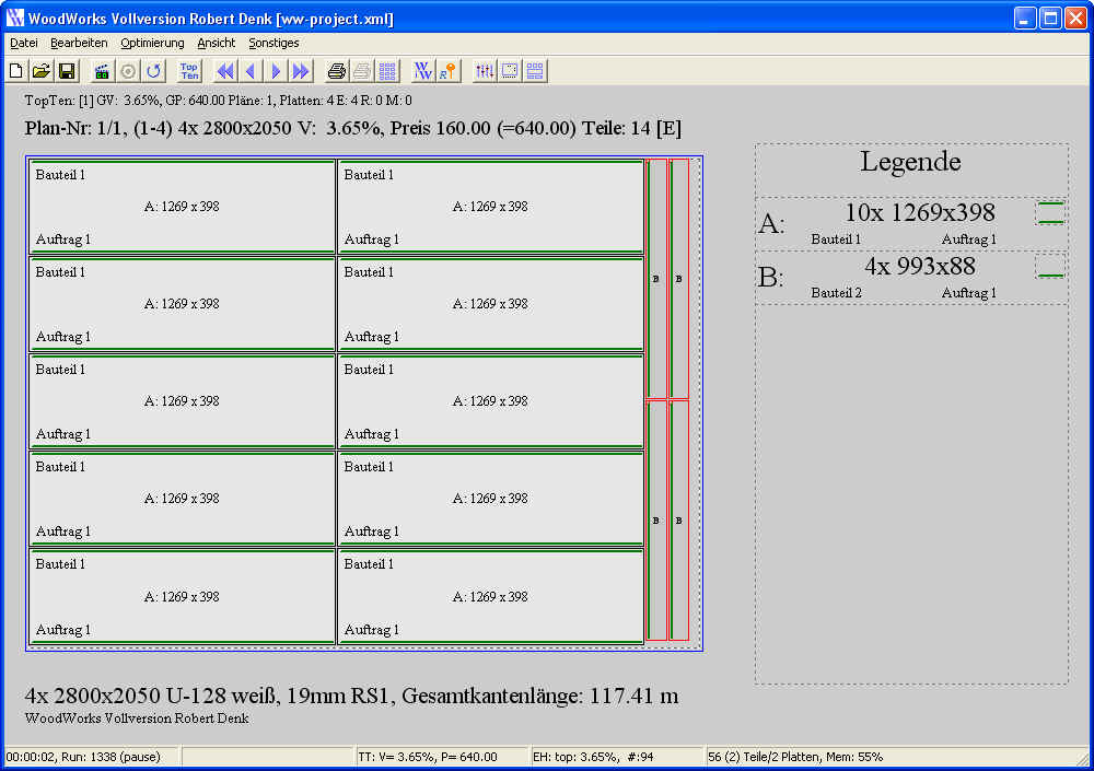 Screenshot vom Programm: Zuschnittoptimierung WoodWorks (Windows)